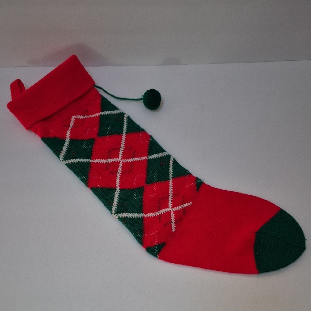 Vintage Handmade Knit Red and Green Argyle Christmas Stocking kitsch